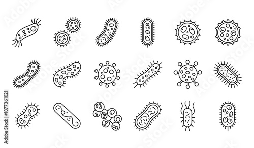 Bacteria probiotics and virus cells outline vector icon set isolated on transparent background