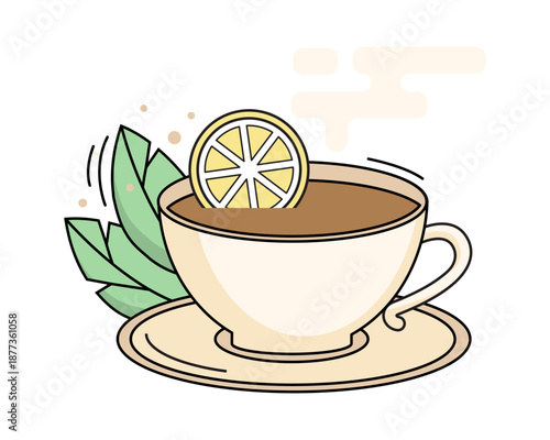 A cup of tea, coffee, drink with lemon. Healthy food. Warm tea. Vector flat illustration.eps