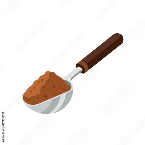 Vector illustration of a measuring spoon holding brown powder, a kitchen utensil for precise ingredient measurement in baking, cooking, and beverage making