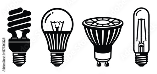 A collection of different light bulbs, including CFL, incandescent, LED, and halogen, vector graphic illustration.