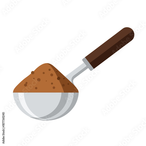 Illustrated kitchen scoop overflowing with aromatic brown powder, perfect for baking, cooking, or beverage preparation, isolated on a clean white background