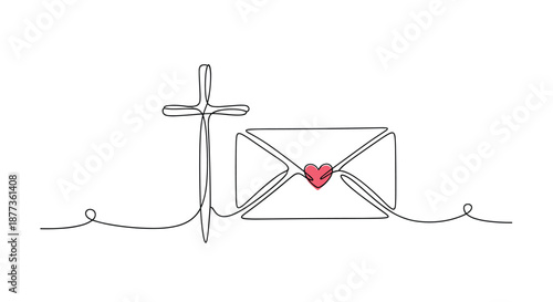 Minimalist continuous line drawing of a Christian cross connected to an envelope sealed with a small red heart.