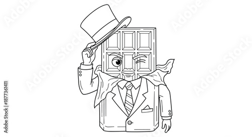 Line art drawing of a sophisticated chocolate bar character wearing a formal suit, tie, and holding a top hat.