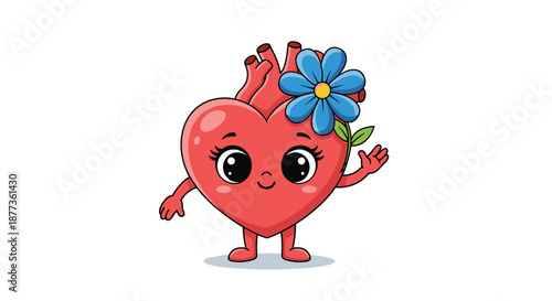 Friendly anatomical human heart character with large eyes, a happy smile, and a bright blue flower tucked behind its ear.