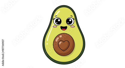 Happy female cartoon avocado character with long eyelashes, a big smile, and a brown heart shape inside its central pit.