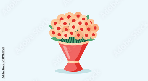 Large colorful bouquet of peach-colored flowers with red centers wrapped in a red paper and tied with a yellow ribbon.