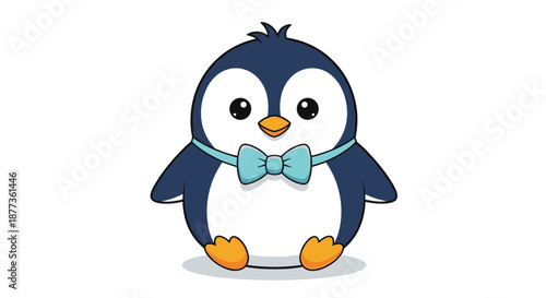 Round and cute cartoon penguin character wearing a light blue bow tie and standing in a friendly pose on a white background.