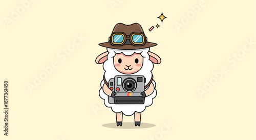 Cute cartoon sheep character dressed in a brown explorer hat and goggles, holding a vintage polaroid camera to take photos.