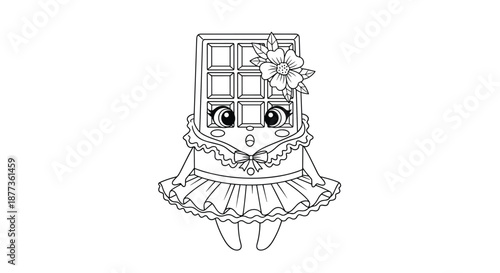 Cute line art illustration of a female chocolate bar character wearing a dress with a bow and a flower in her hair.