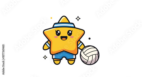 Cute yellow star character wearing a blue sports headband and shorts, holding a volleyball for a fun game on the court.