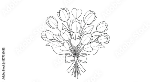 Line art drawing of a beautiful bouquet of tulips mixed with small heart shapes and tied with a large decorative bow.