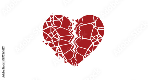 Red heart symbol shattered into many pieces and fragments, representing a breakup, sadness, or emotional pain.