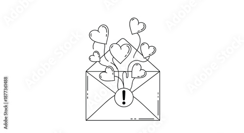 Line art drawing of an open envelope with several small heart shapes floating out from the top, marked with an exclamation.
