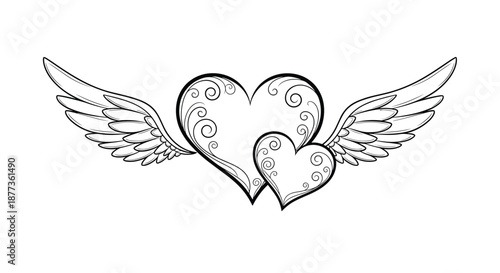 Two decorative hearts with intricate swirl patterns and elegant feathery wings rendered in a black and white line art style.