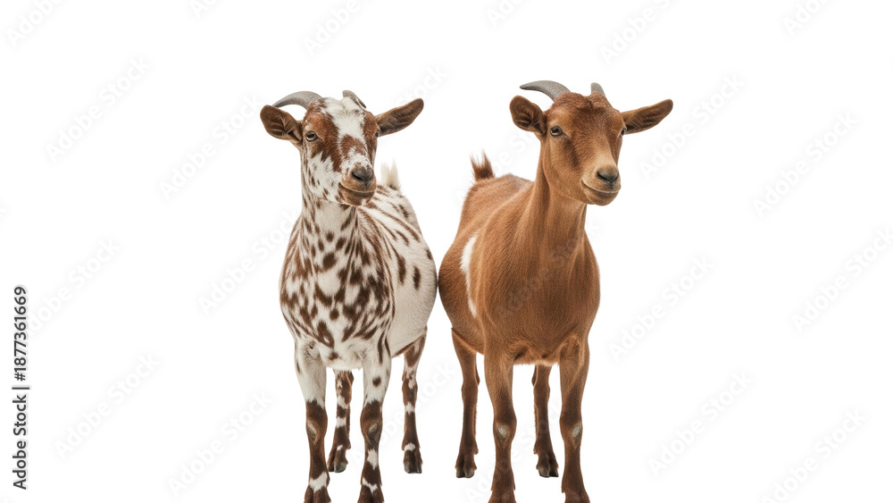 Fototapeta premium Two domestic goats standing, one brown and one spotted, isolated on white background