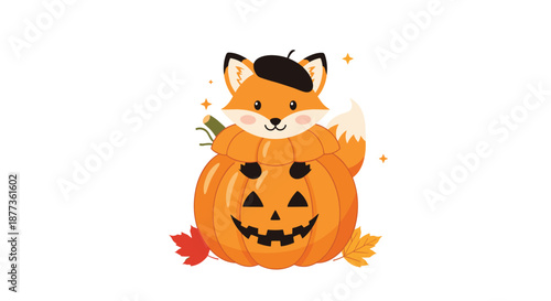 Adorable fox character wearing a black beret and peeking out from a carved pumpkin surrounded by autumn leaves for Halloween.