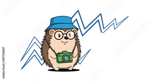 Smart hedgehog character wearing a blue hat and glasses with a camera around his neck on a zigzag background for travel.