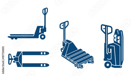 A set of blue pallet jack vectors featuring a manual hand truck, electric jack, and pallet mover. Vector art.