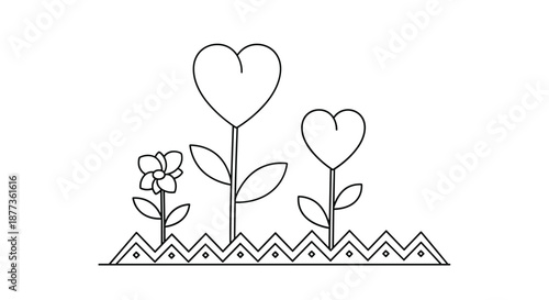 Simple line art drawing of heart shaped flowers growing in a garden bed with a decorative zigzag border for coloring.