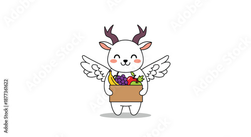 Whimsical deer character with wings holding a box filled with various healthy fruits like apples, grapes, and bananas.