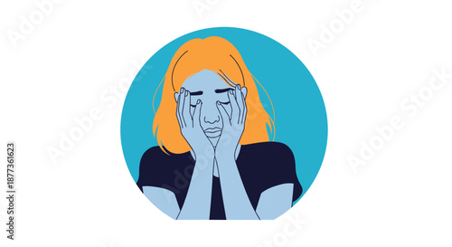 Illustration of a stressed woman covering her face with her hands inside a blue circular frame depicts anxiety and mental health.