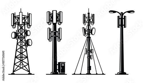 A set of communications towers, including cell and street light, depicted in black and white line art illustration.