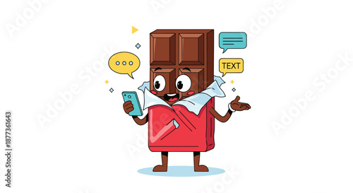 Cheerful cartoon chocolate bar character in a red wrapper uses a smartphone with floating chat bubbles and text icons.