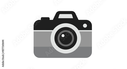 Professional digital camera icon in a grey and black color scheme represents photography equipment and artistic creation.