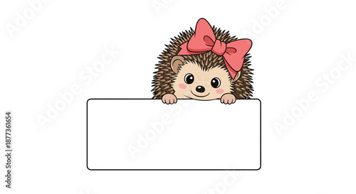 Adorable hedgehog with a pink bow and rosy cheeks peeks over the top of a white rectangular sign for a cute announcement.