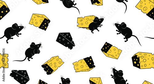 Playful seamless pattern displays black mice scurrying between wedges of yellow Swiss cheese on a clean white background.
