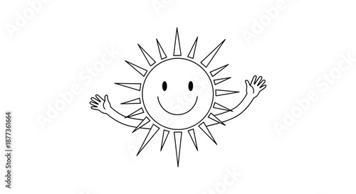 Simple sun line drawing with a happy face and waving arms radiates positivity and warmth for summer and weather concepts.