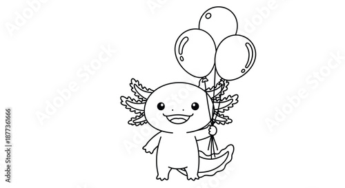 Happy axolotl coloring page for children features the cute aquatic creature holding three round balloons in its hand.