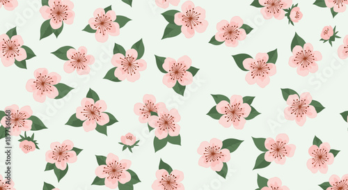 Delicate seamless pattern of pink cherry blossoms with green leaves over a light green background suggests spring beauty.