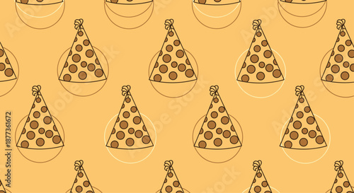 Colorful seamless pattern of polka dot party hats over an orange background brings a festive mood to any celebration design.