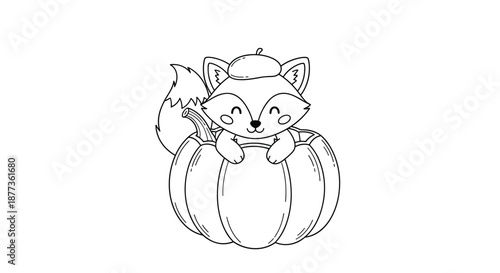 Cute fox coloring page shows a small fox wearing a beret sitting inside a large hollowed-out pumpkin for autumn fun.