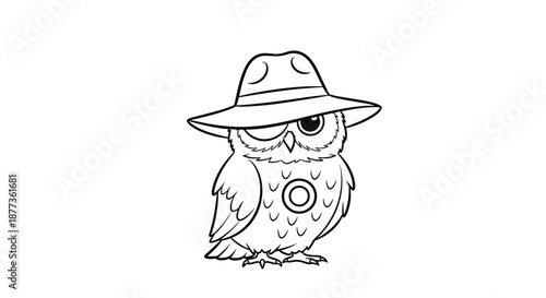 Detective owl coloring page features a clever bird wearing a wide-brimmed hat and a monocle on one of its large eyes.