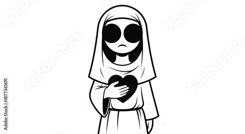 Mysterious cartoon nun character with blacked-out eyes holds a black heart to her chest in a dark and gothic illustration style.