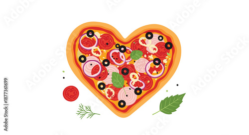 Delicious heart-shaped pizza with tomatoes, olives, onions, and basil leaves celebrates love and good food in a flat design.