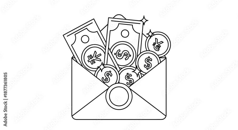 Fototapeta premium Minimalist line art illustration of an open envelope overflowing with cash banknotes and coins featuring dollar and yen currency symbols.