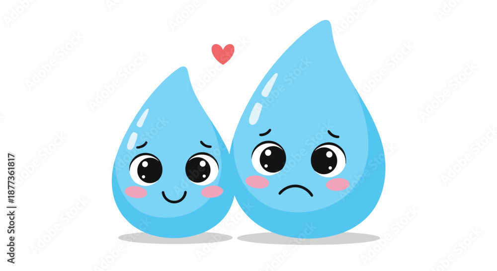 Obraz premium Two cute blue water droplets with faces expressing happiness and sadness with a small red heart floating between them on a white background.