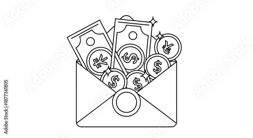 Minimalist line art illustration of an open envelope overflowing with cash banknotes and coins featuring dollar and yen currency symbols.