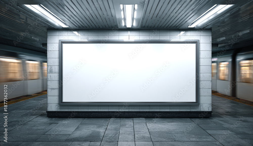 Fototapeta premium High-resolution digital billboard with a blank white display mounted on a tiled wall in an underground sandwich chain station corridor