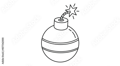 Classic spherical bomb with a burning fuse and a star shaped spark is depicted in a clean black and white outline for kids to color.