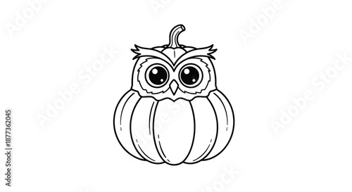 Whimsical halloween owl character shaped like a carved pumpkin with large expressive eyes and feathers shown in a black and white outline.