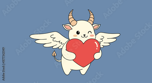 Tiny winged bull character with horns and a tail is happily carrying a large red heart against a solid blue background for valentines day.
