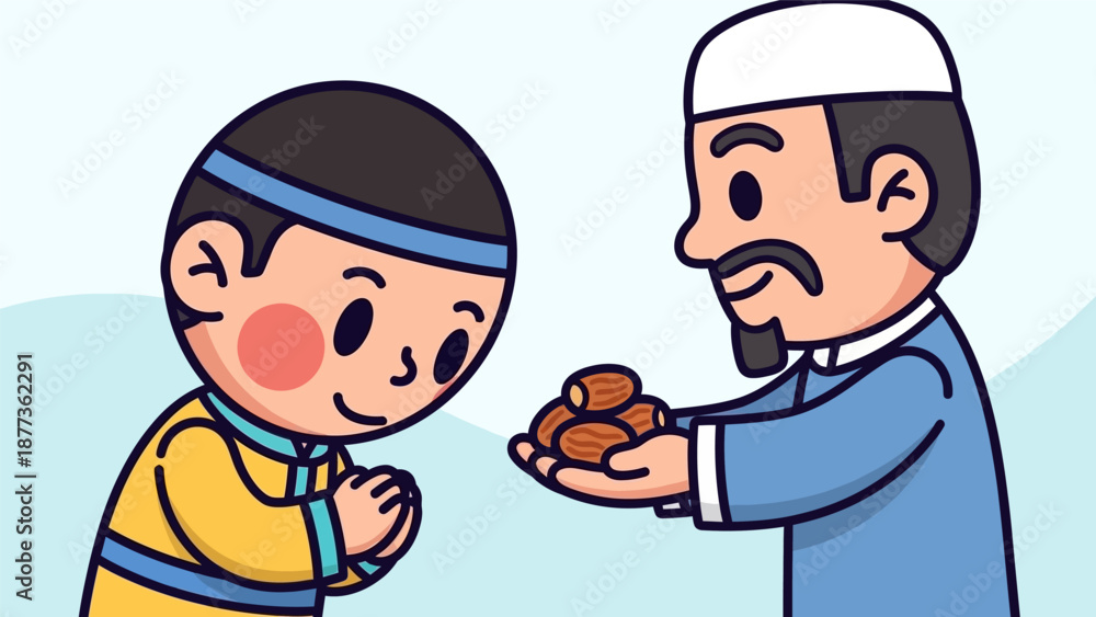 Naklejka premium Muslim Man Giving Dates to Boy for Iftar. Cute Cartoon Illustration of Ramadan Tradition, Greeting, Kindness, and Islamic Celebration.