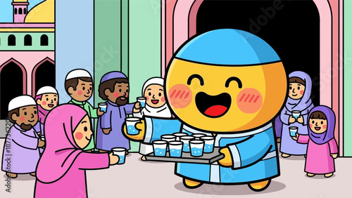 Ramadan Iftar Celebration: Happy Cartoon Character Serving Water to Muslim Community at the Mosque Entrance