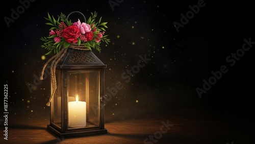 Cozy lantern with candle and roses on dark magical background