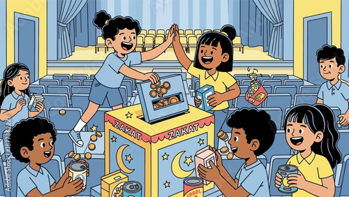 Diverse Kids Donating Zakat: School Charity Drive, High-Five, Islamic Giving, and Community Service Illustration