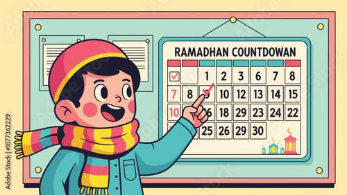 Happy Muslim Child Pointing at Ramadhan Countdown Calendar. Cute Islamic Kids Activity Illustration for Ramadan Fasting and Eid Preparation.